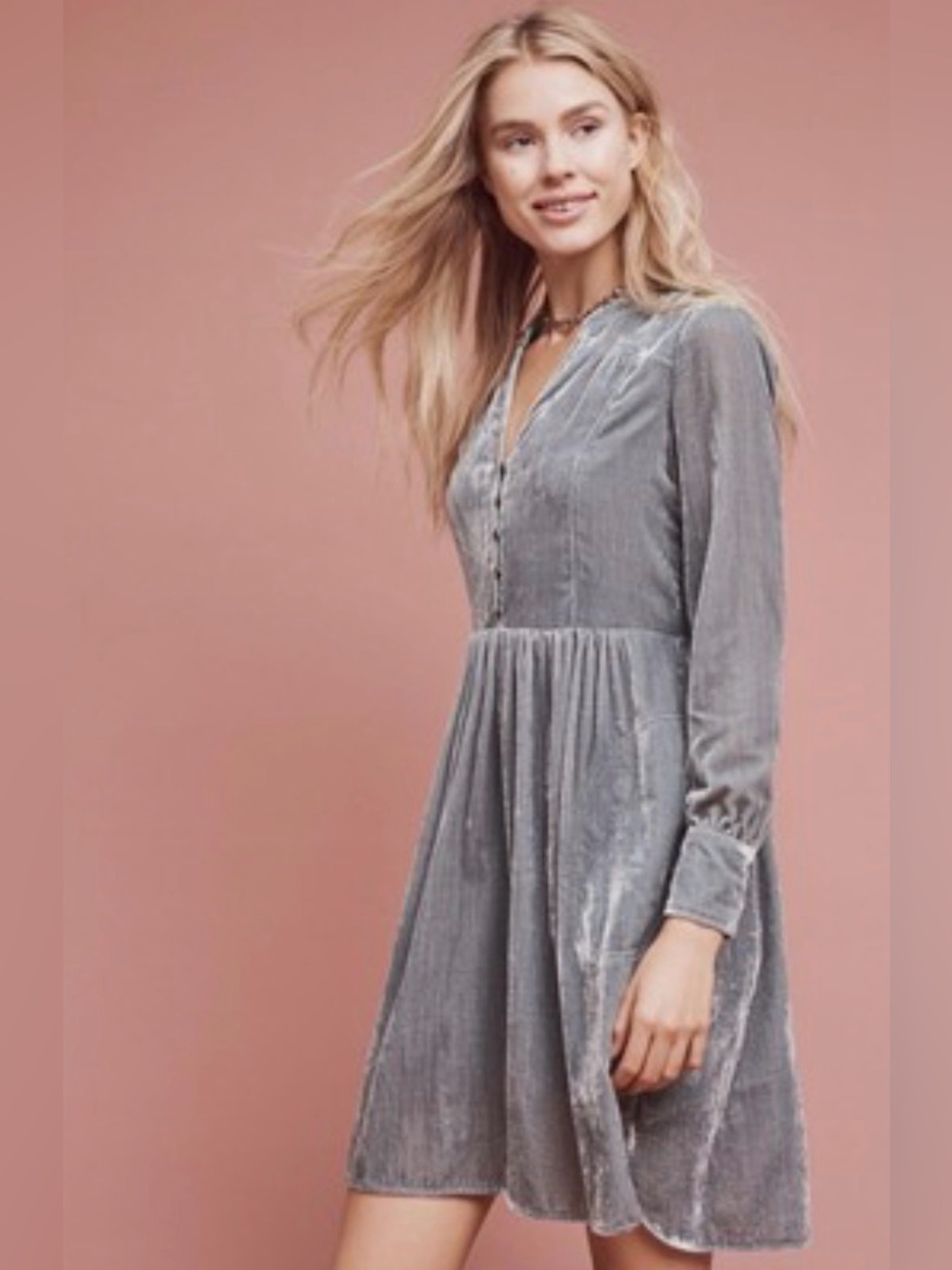 HOLDING HORSES Anthropologie Silver Blue Burnt Velvet Long-Sleeve Button Dress - Picture 2 of 8